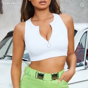 Ribbed Zip Front Crop Top in White